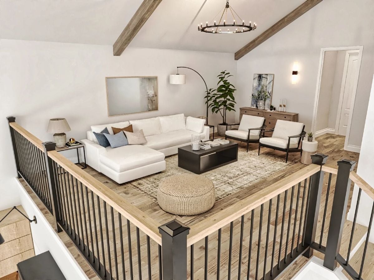 Vaulted Loft Living With Exposed Beams and a Railing Worth the Climb