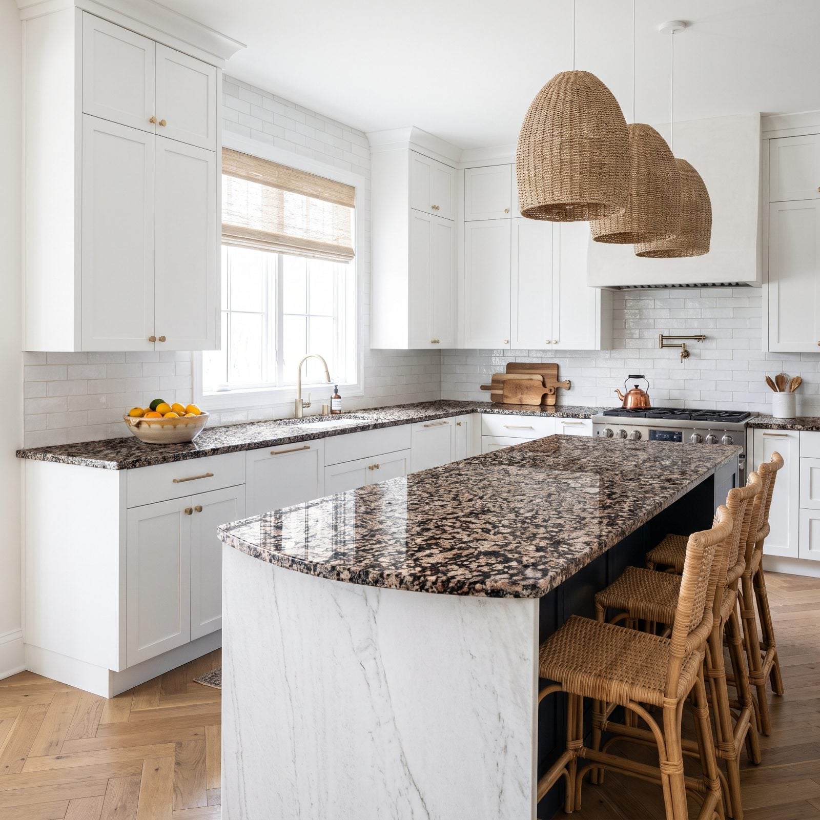 White Cabinetry Making Busy Granite Look Even Busier