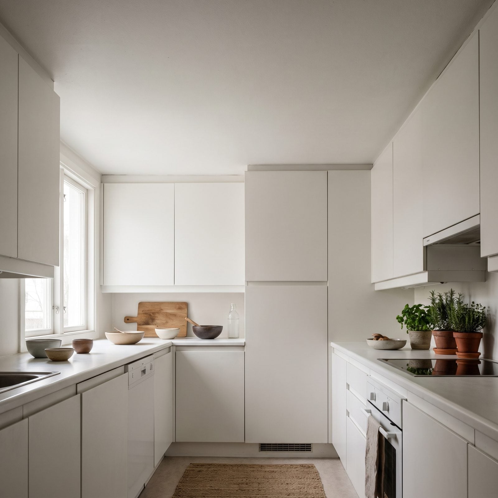 White galley kitchen with floor-to-ceiling white cabinets meeting a white ceiling with no molding or shadow line between