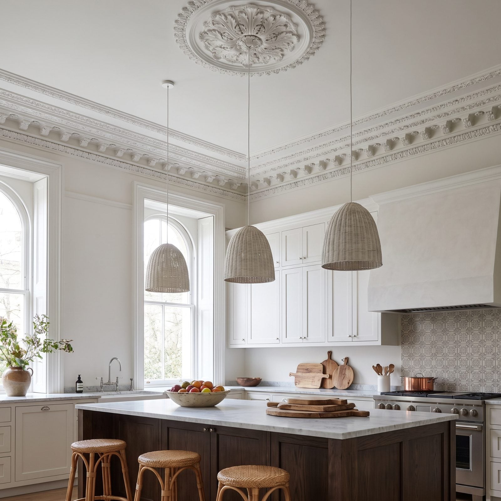 Historic kitchen where new blue-white shaker cabinets sit below warmer cream-painted original carved crown molding, the two