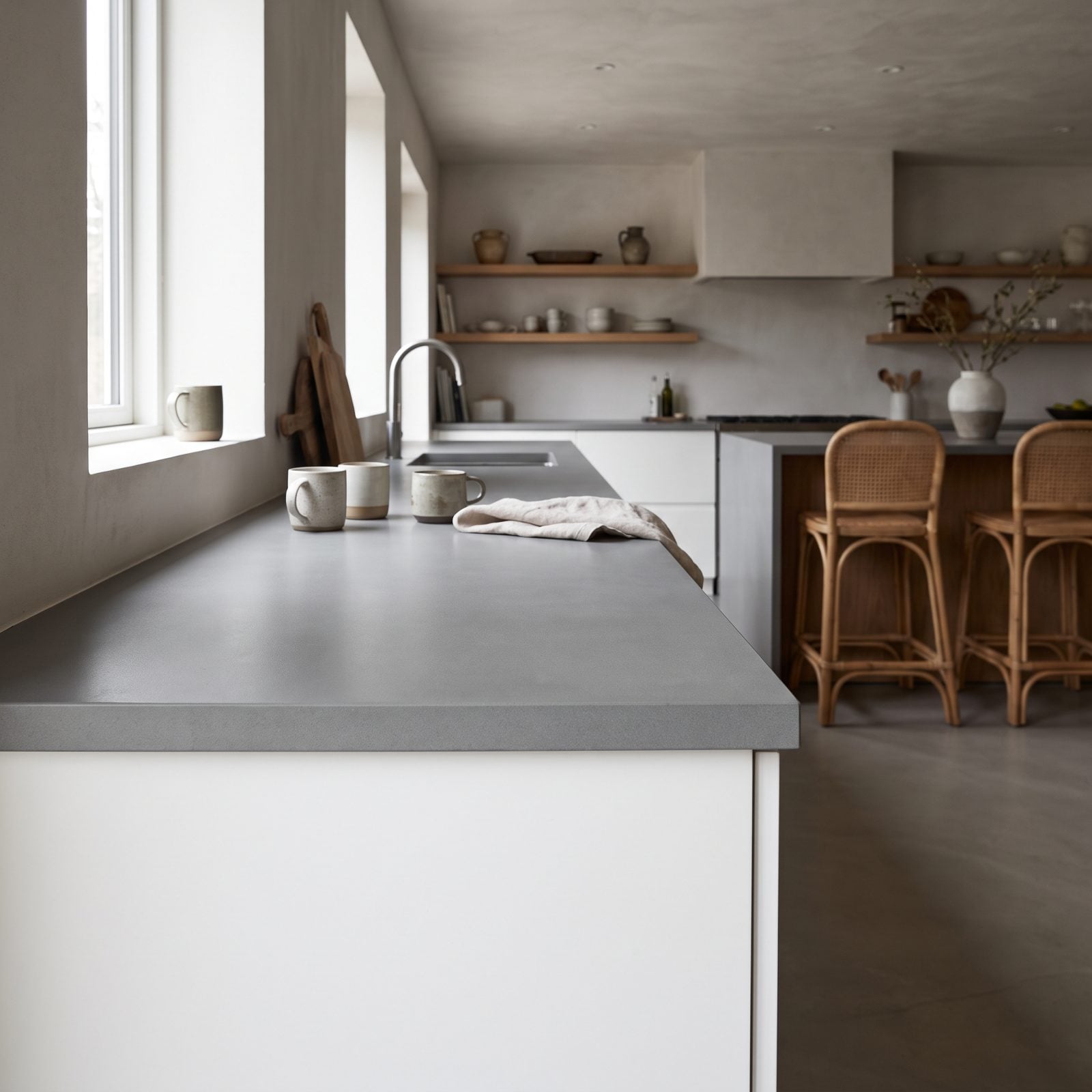 White Cabinets Paired With a Colorless Gray Countertop
