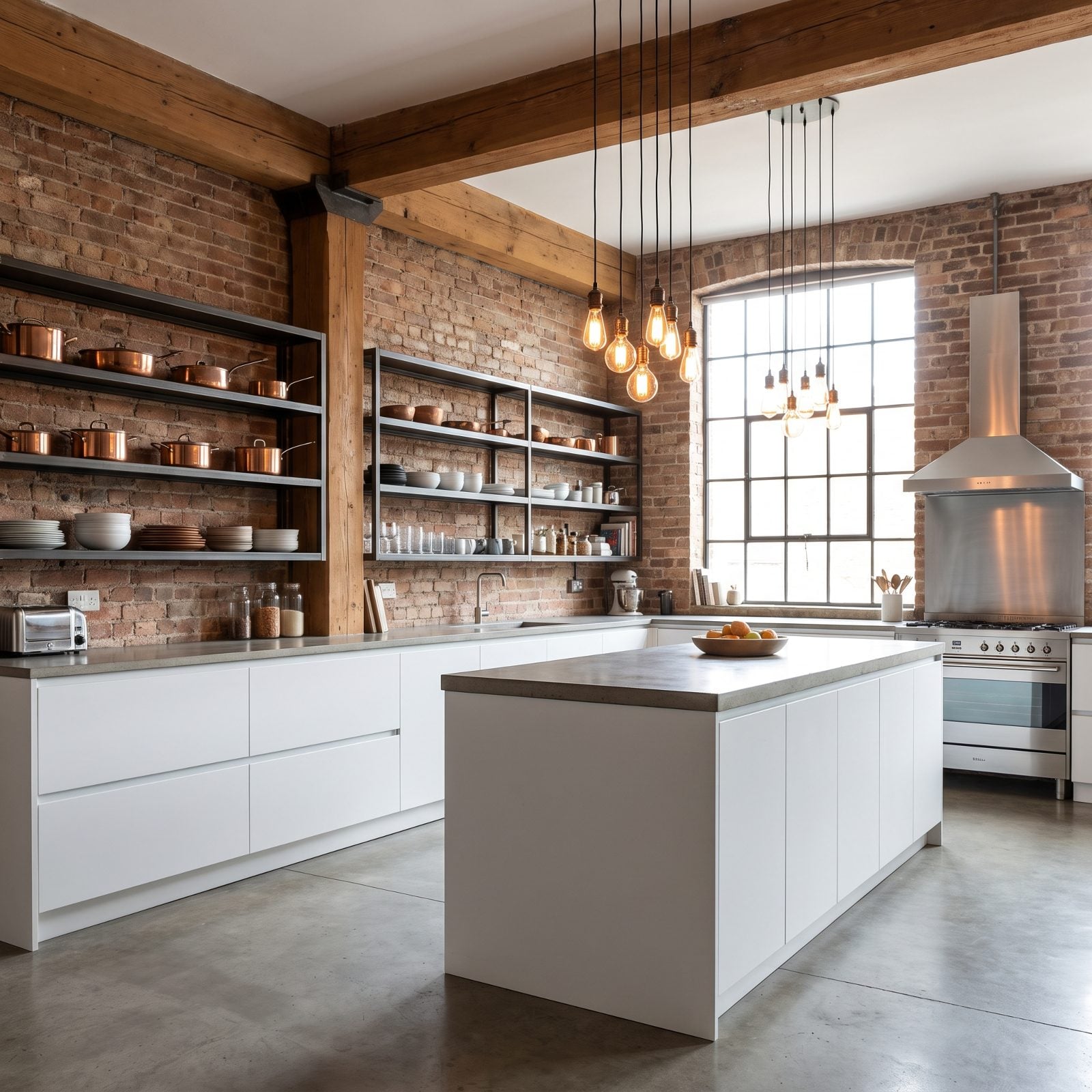 White Cabinets Stripping Warmth From an Industrial Kitchen