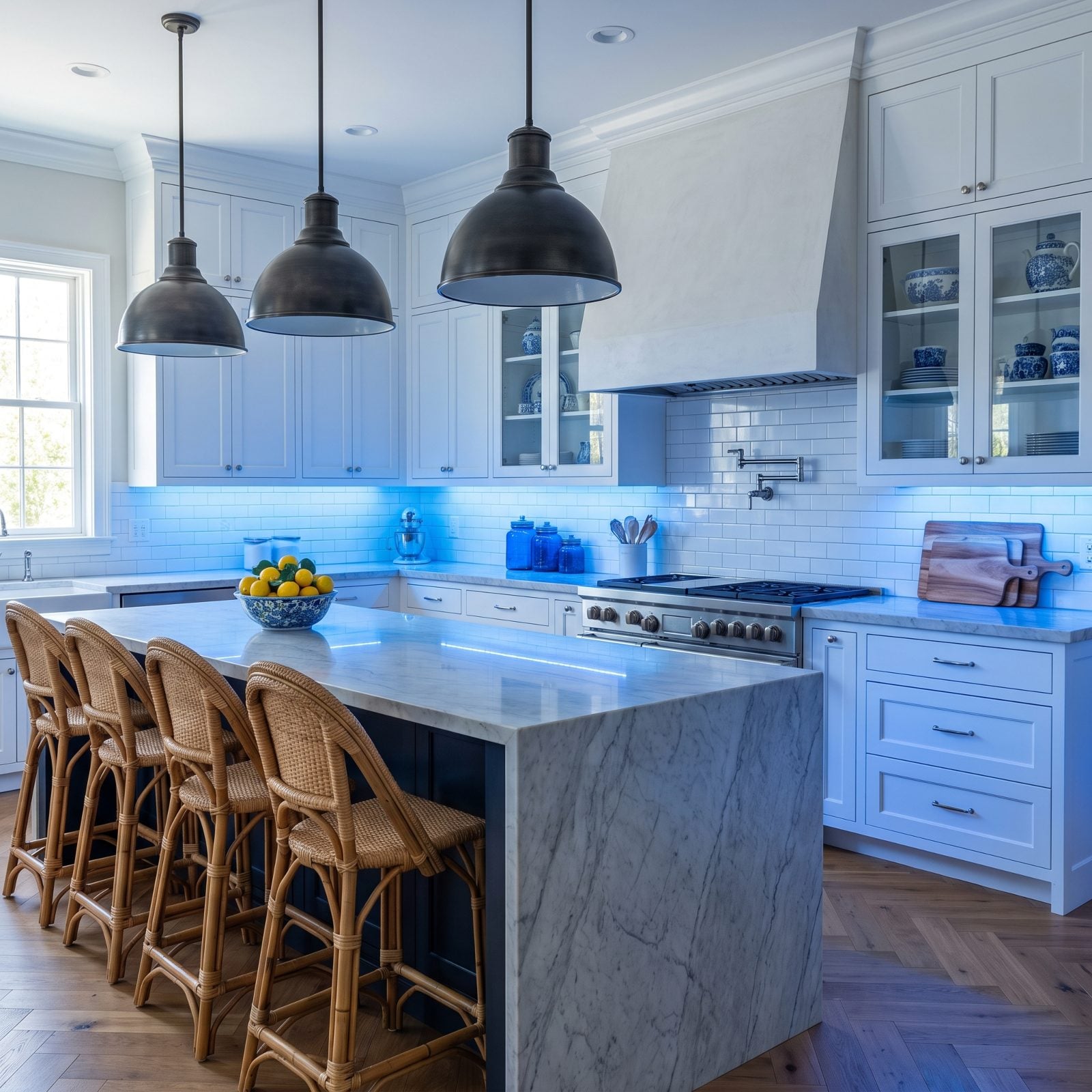 White Cabinets Under Cold Blue LED Lighting