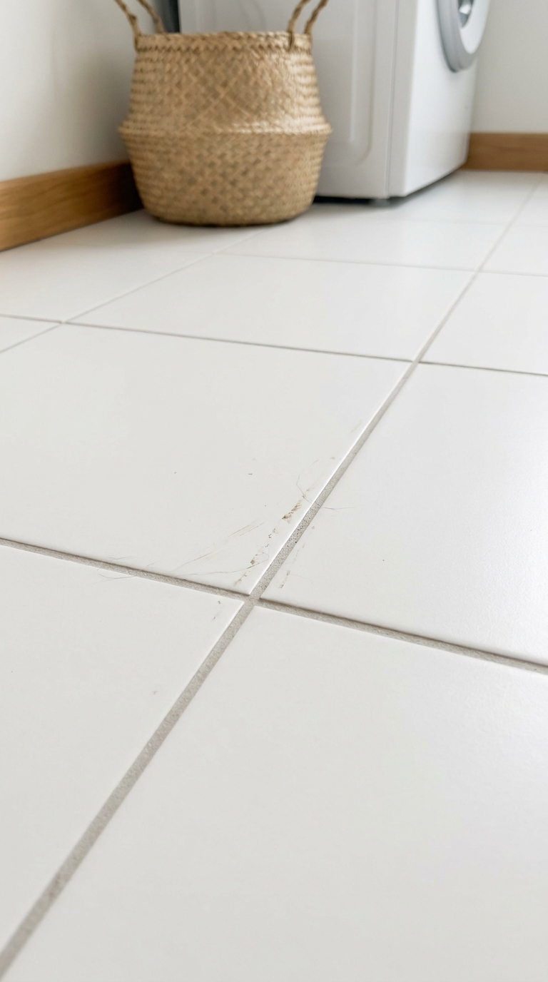 Laundry room with white grout that has darkened to gray in the traffic path with muddy prints and lint along the lines.