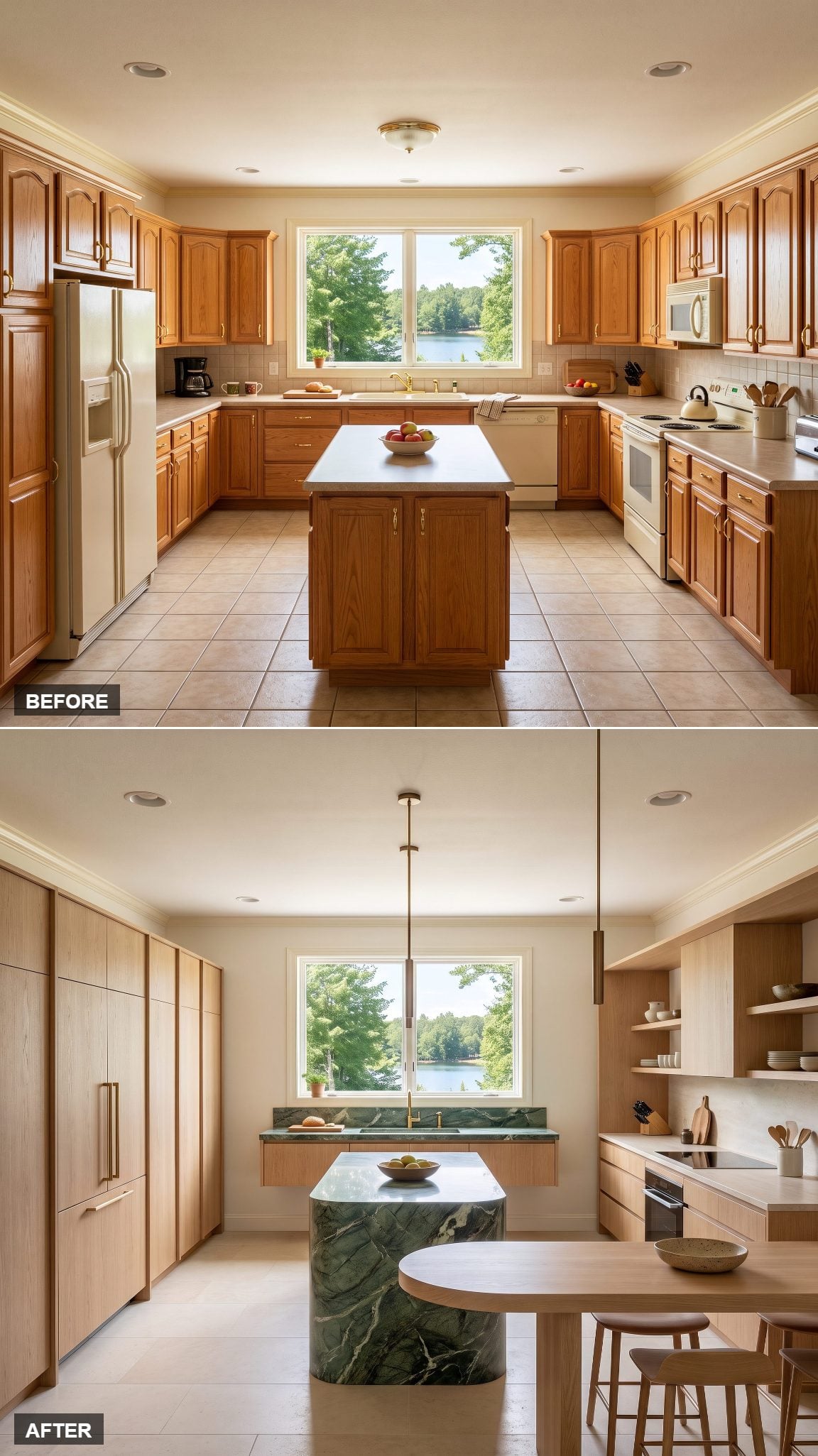Architectural kitchen with white oak cabinetry and dramatic green marble countertops
