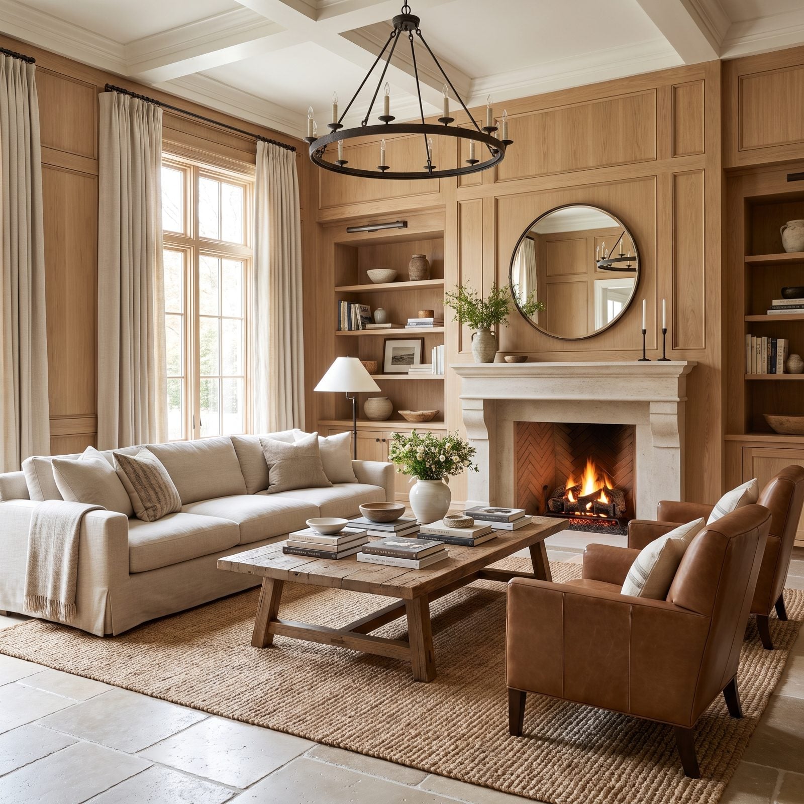 White Oak Paneling Paired with Rustic Limestone Flooring