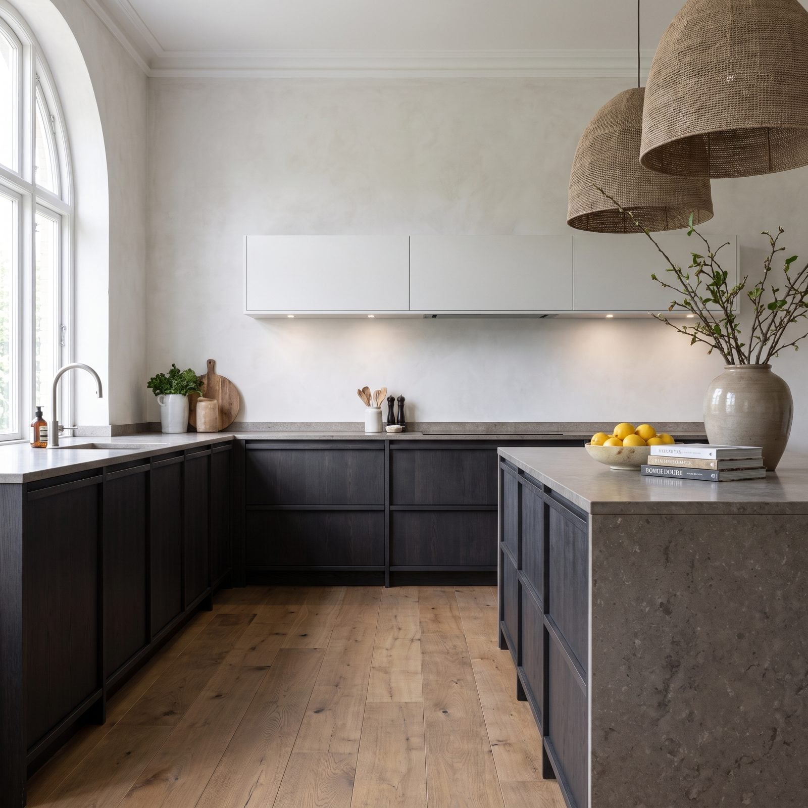 White Upper Cabinets Floating Above Dark, Unbalanced Bases