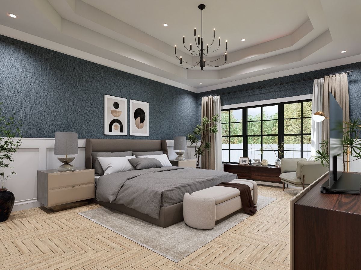 Dark Wallcovering, Herringbone Floor, and a Tray Ceiling That Pulls Its Weight