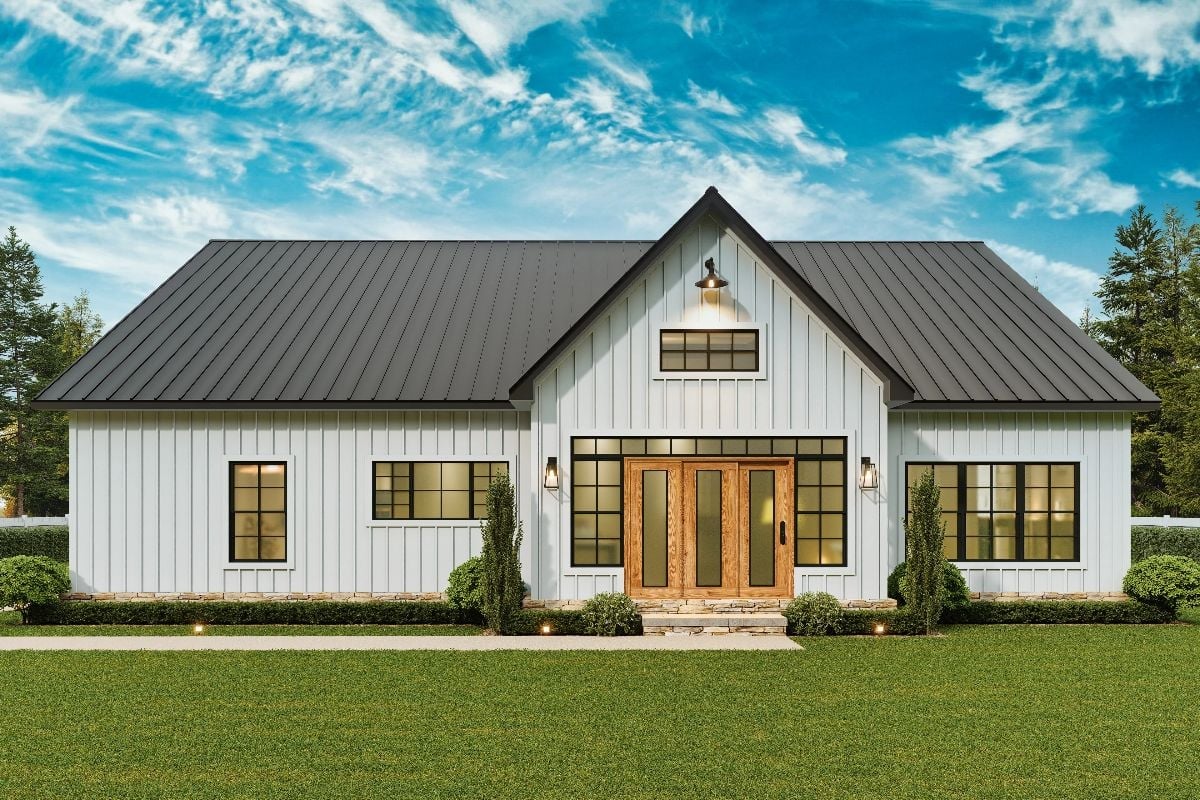 Board-and-Batten White Exterior with a Natural Wood Entry That Actually Earns Attention
