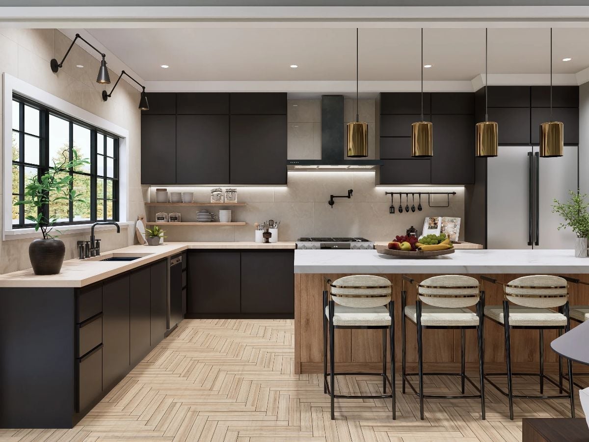 Matte Black Cabinets, Brass Pendants, and a Kitchen Island That Earns Its Square Footage