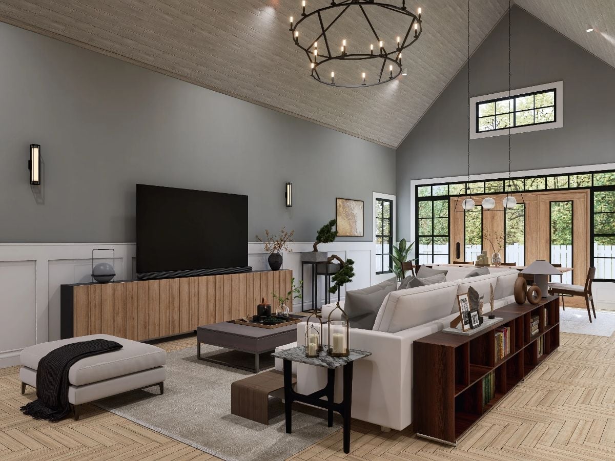 Vaulted Ceilings and a Wagon-Wheel Chandelier Do the Heavy Lifting Here