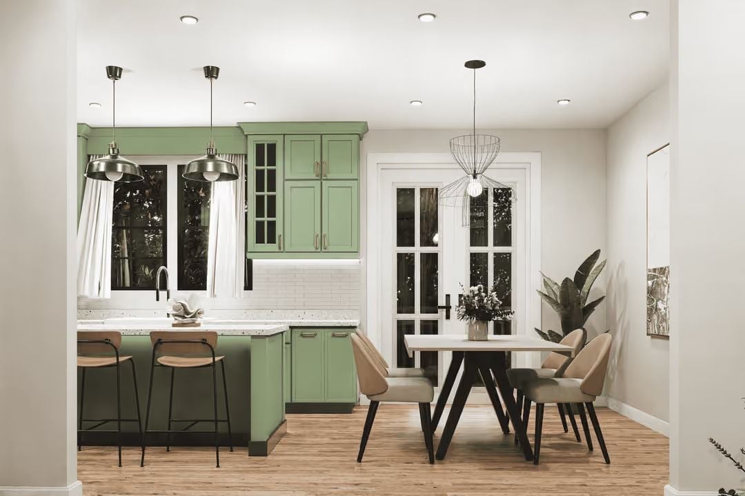Sage Green Cabinets, Industrial Pendants, and a Dining Nook That Earns Its Own Light Fixture