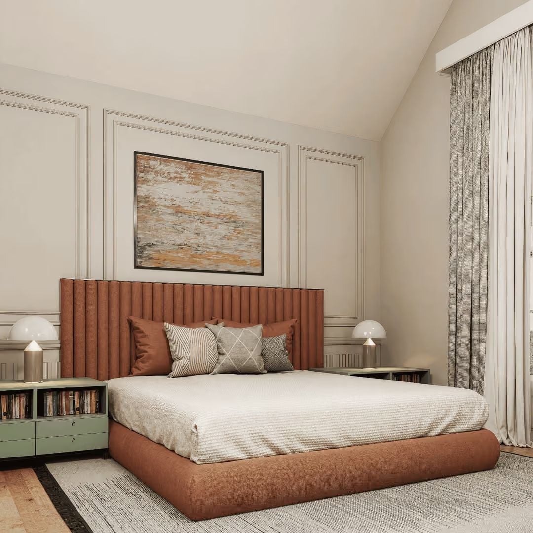 Vertical Channeling, Terracotta Upholstery, and Bedside Lamps That Look Like Mushrooms