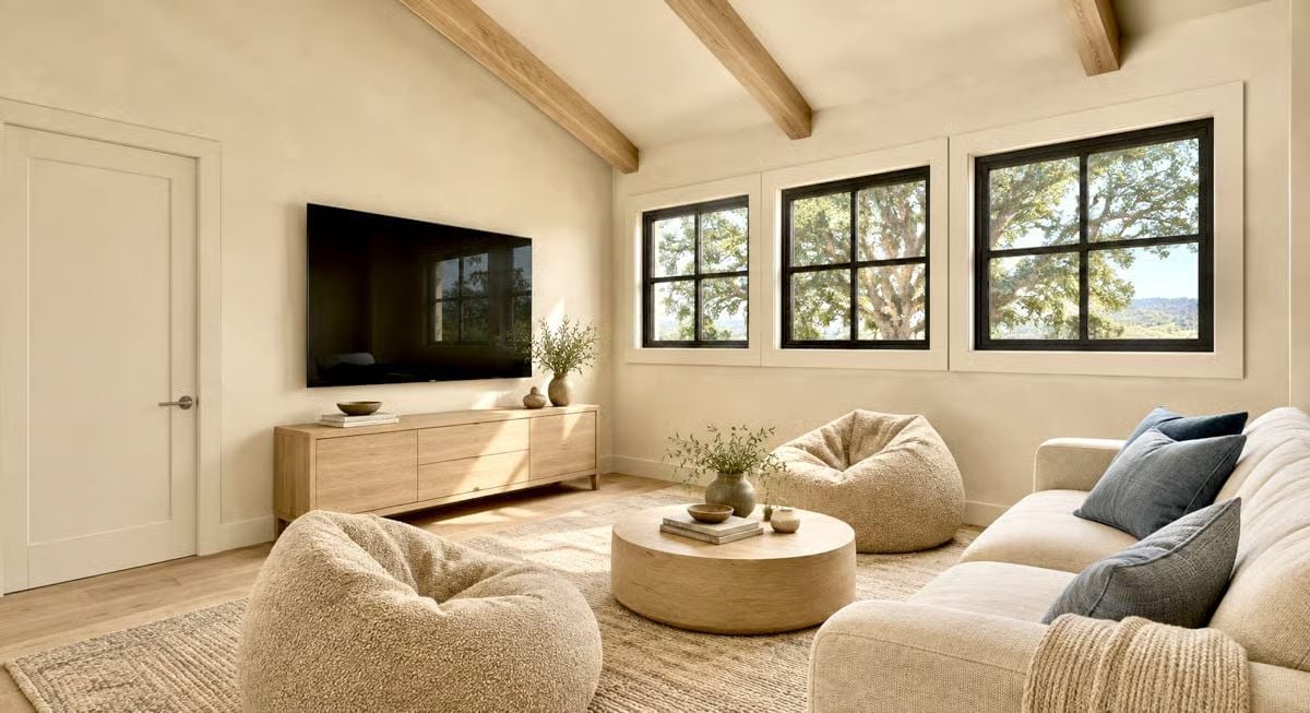Bean Bag Chairs, Exposed Beams, and Windows That Frame an Oak Tree Worth Keeping