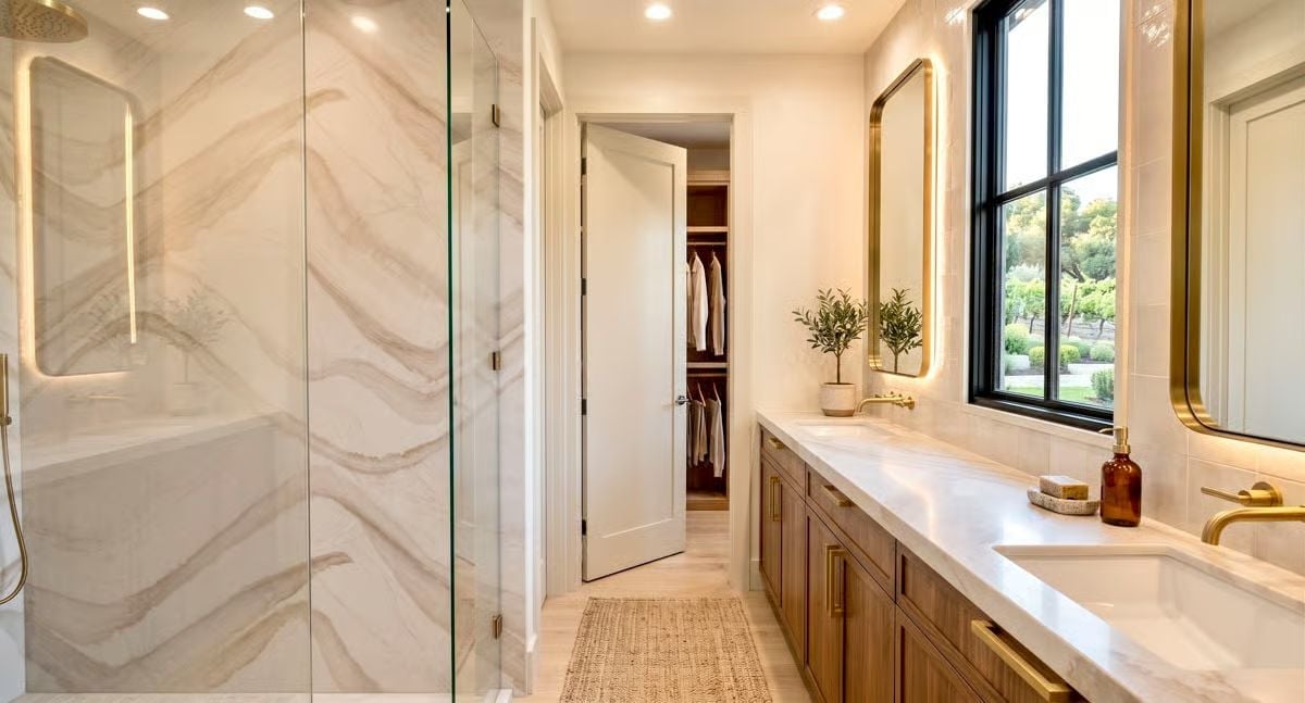 Brushed Gold, Book-Matched Marble, and a Walk-In Closet That's Actually Close Enough to Use