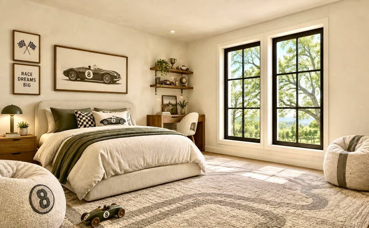 Racing Stripes on the Rug, Trophy on the Shelf, and a View That Does the Real Work