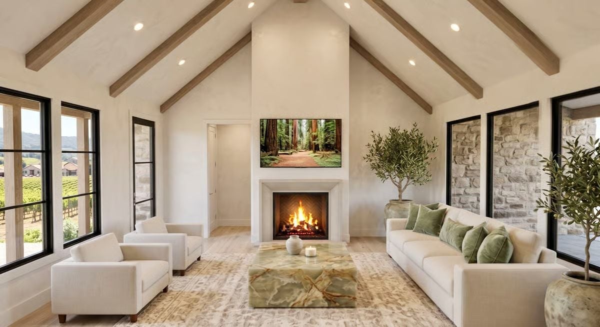 Vaulted Ceilings, Onyx Coffee Table, and a Fireplace That Earns Its Square Footage