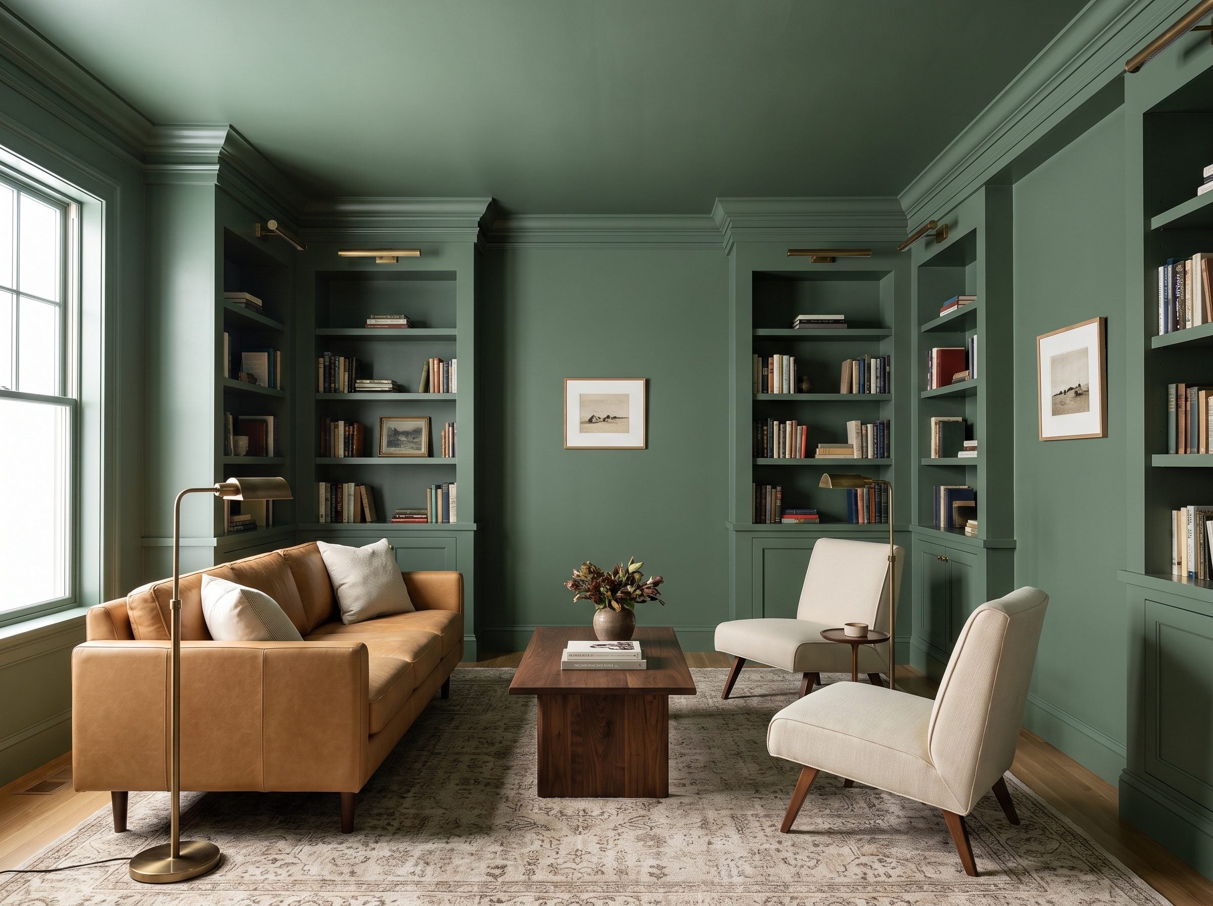 Library sitting room painted one muted forest green across the walls, ceiling, crown molding, baseboards, and built-in
