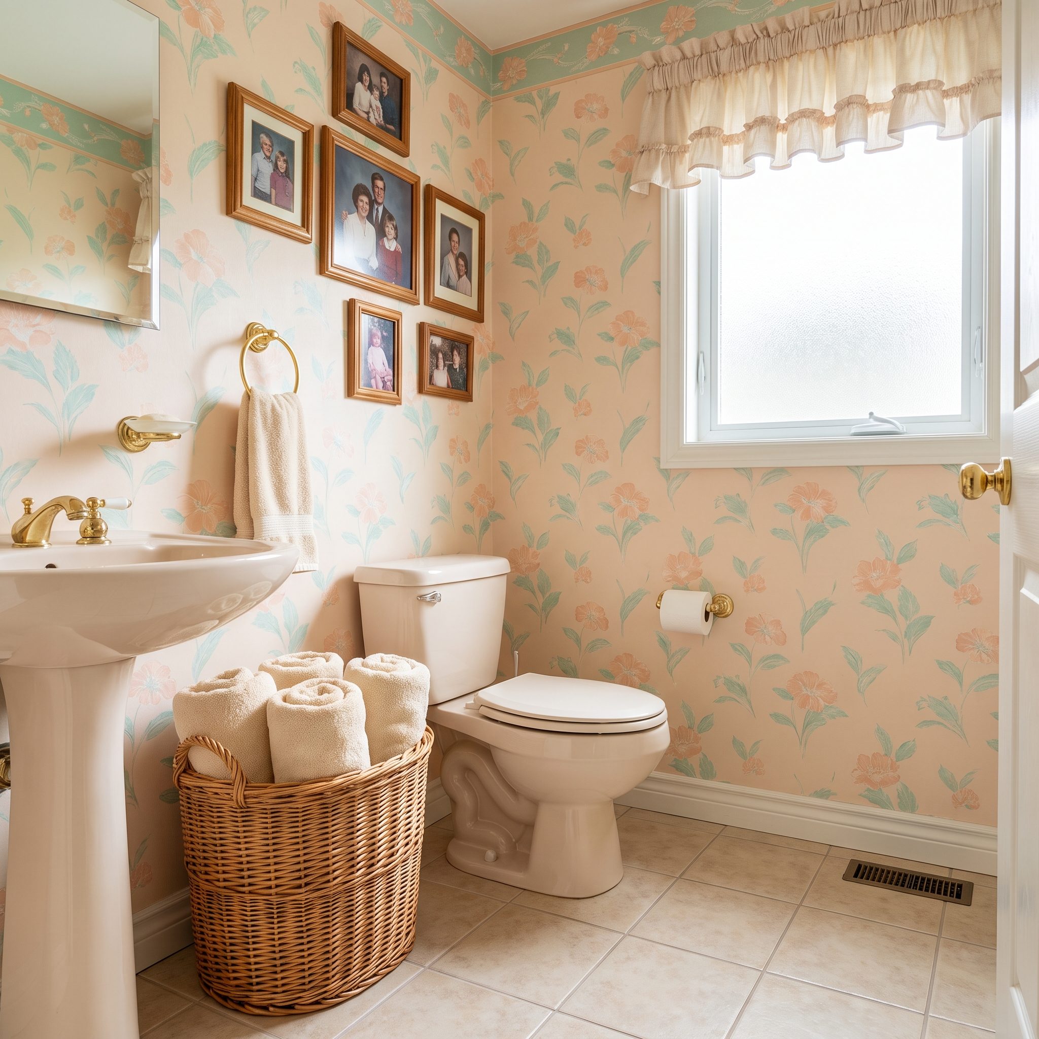 The Wicker Basket Full of Rolled Towels or Backup Toilet Paper Standing on the Floor