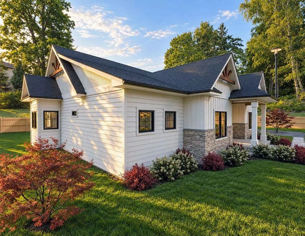 Crisp White Lap Siding Meets Stacked Stone at the Corner Where Gable Brackets Catch the Light