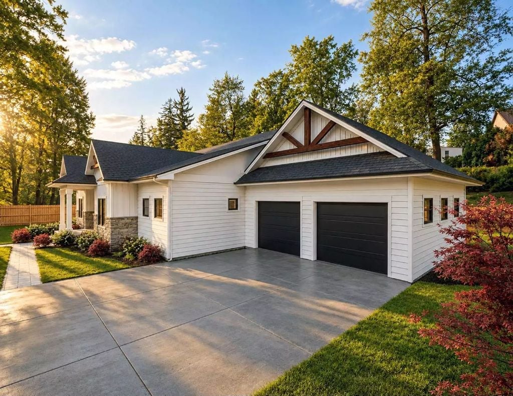 Exposed Timber Gable and Dual Dark Garage Doors Anchor a Crisp White Exterior