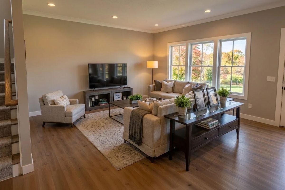 Warm Neutrals and a Floor-to-Ceiling Window Wall Pull the Outdoors Right In