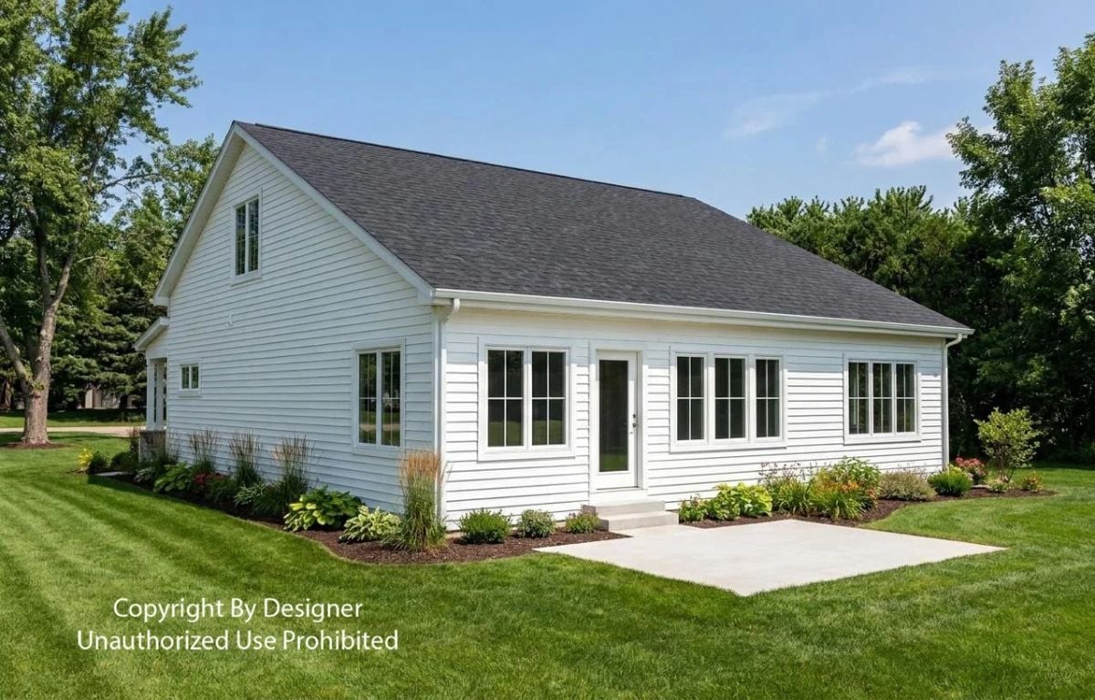 White Lap Siding and Oversized Windows Define the Rear Elevation