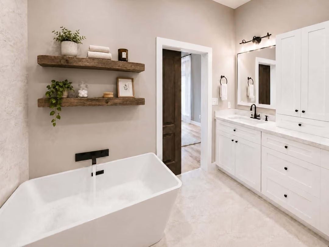 Floating Wood Shelves and a Freestanding Tub That Earns Every Inch of Floor Space