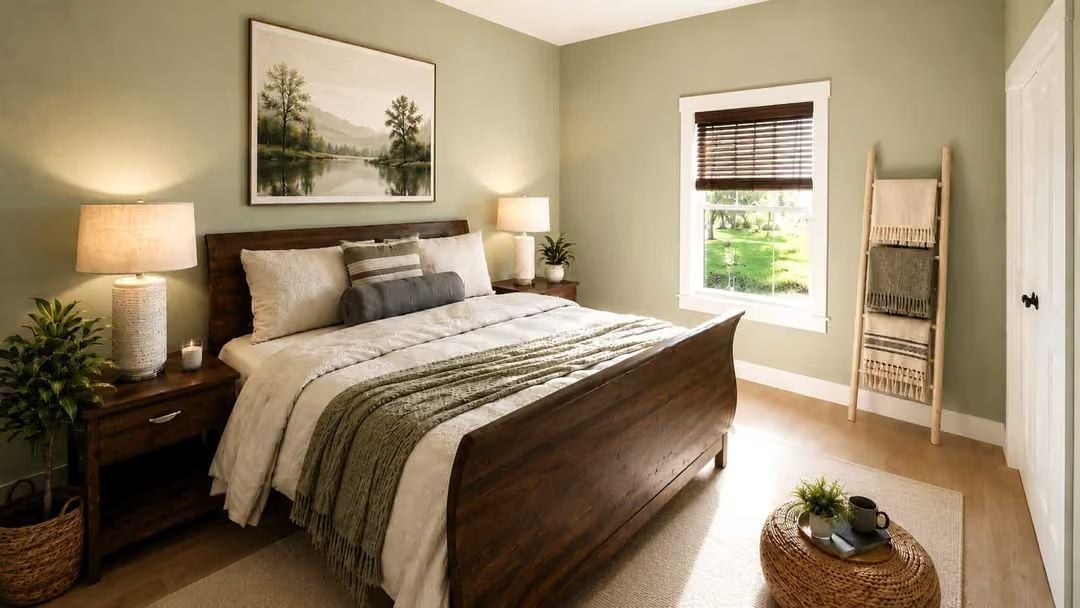 Sage Green Bedroom Where the Wood Bed Frame Does All the Work