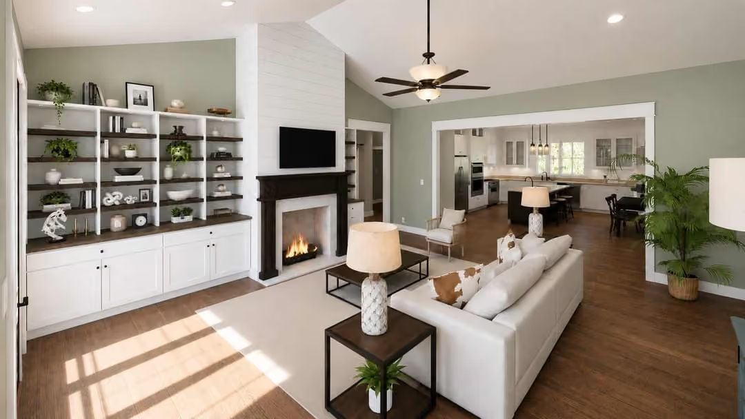 Sage Walls and a Live Fire Make the Living Room Worth Staying In