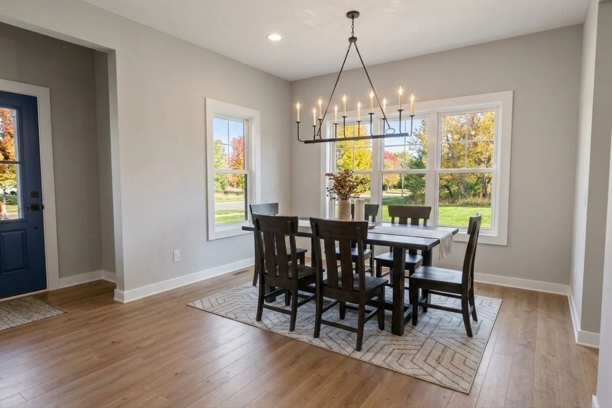 Candle-Style Chandelier Over a Dark Wood Table That Means Business