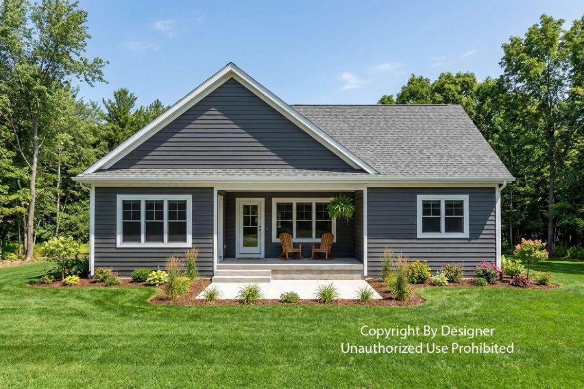 Dark Slate Siding and a Covered Porch Built for Two Adirondack Chairs