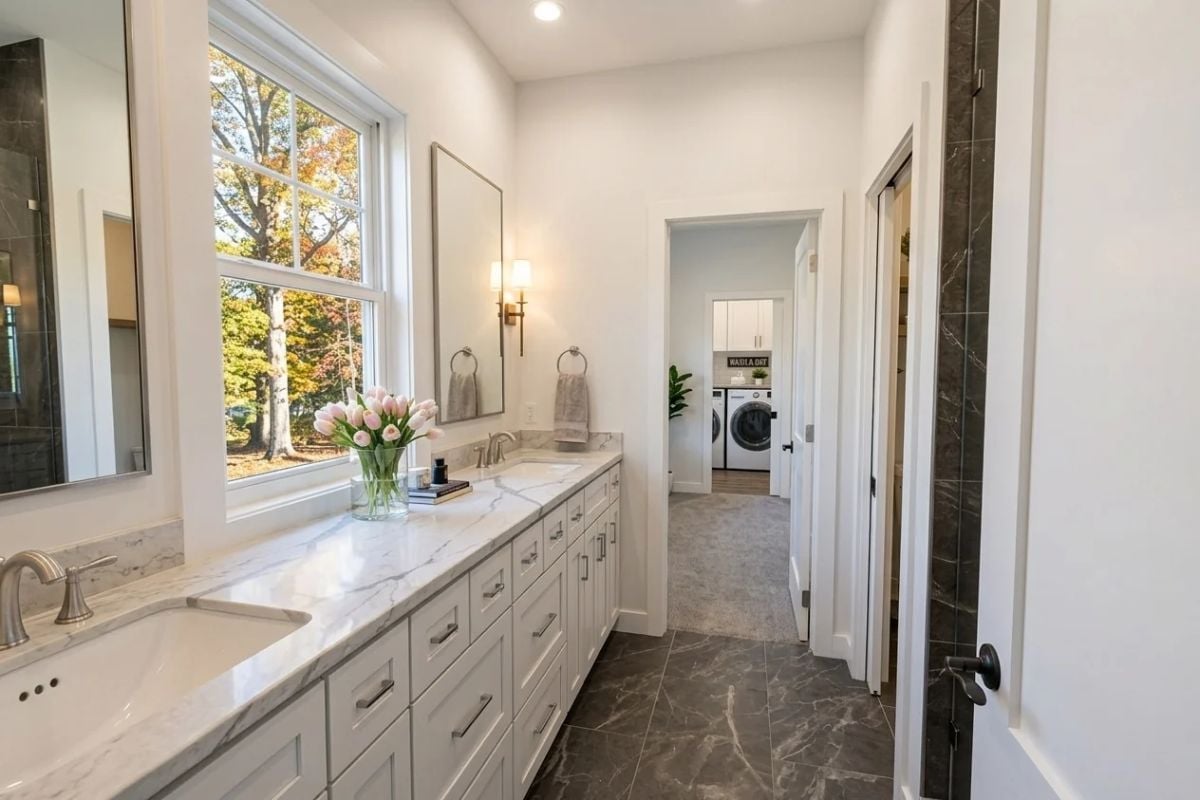 Marble Double Vanity with a View of Fall Foliage and a Laundry Room Right Next Door