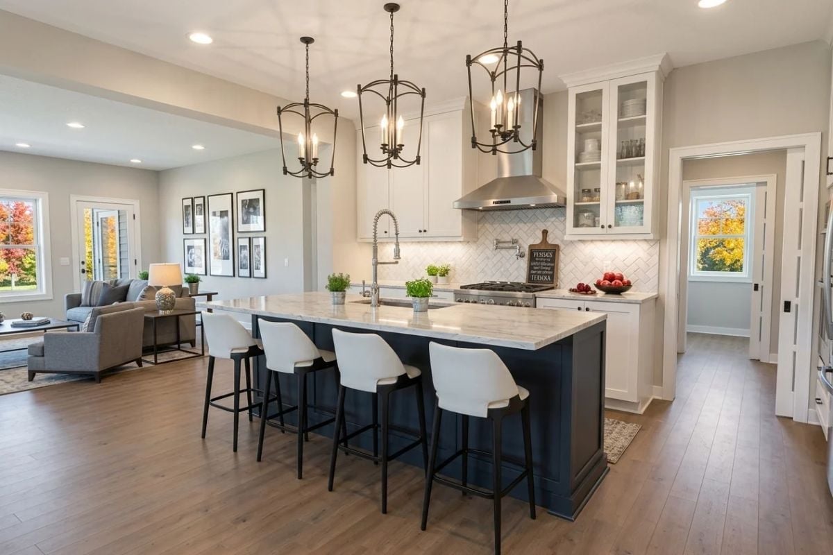 Navy Island Base, Marble Counters, and Three Lanterns That Pull the Room Together