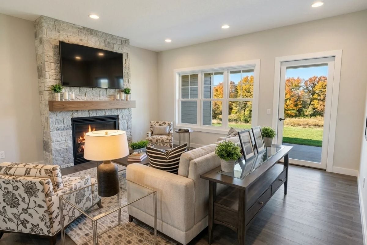 Stone Fireplace Wall with a Wood Mantel That Earns Its Keep Year-Round