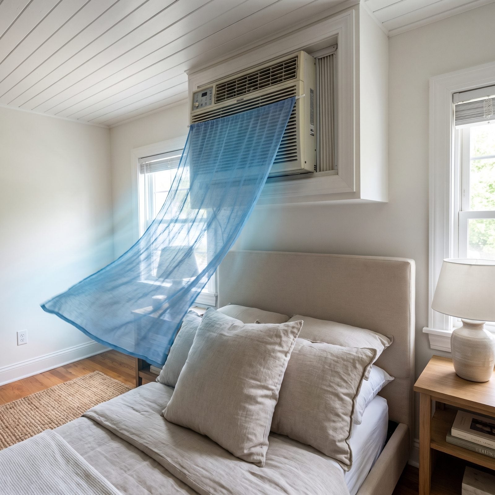 Small bedroom with a window air conditioning unit installed directly above the pillows at the head of the bed.