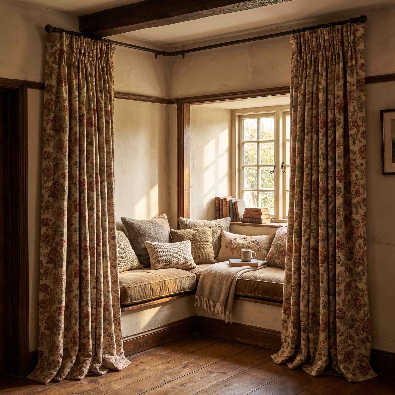 Window Seat Framed by High, Wide Curtain Panels