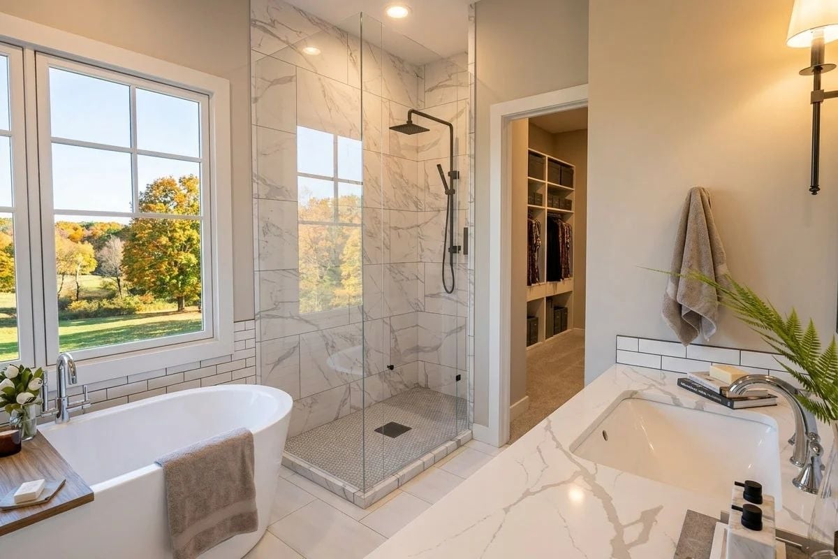 Marble Tile, Freestanding Tub, and a Walk-In Closet Visible Right Through the Door