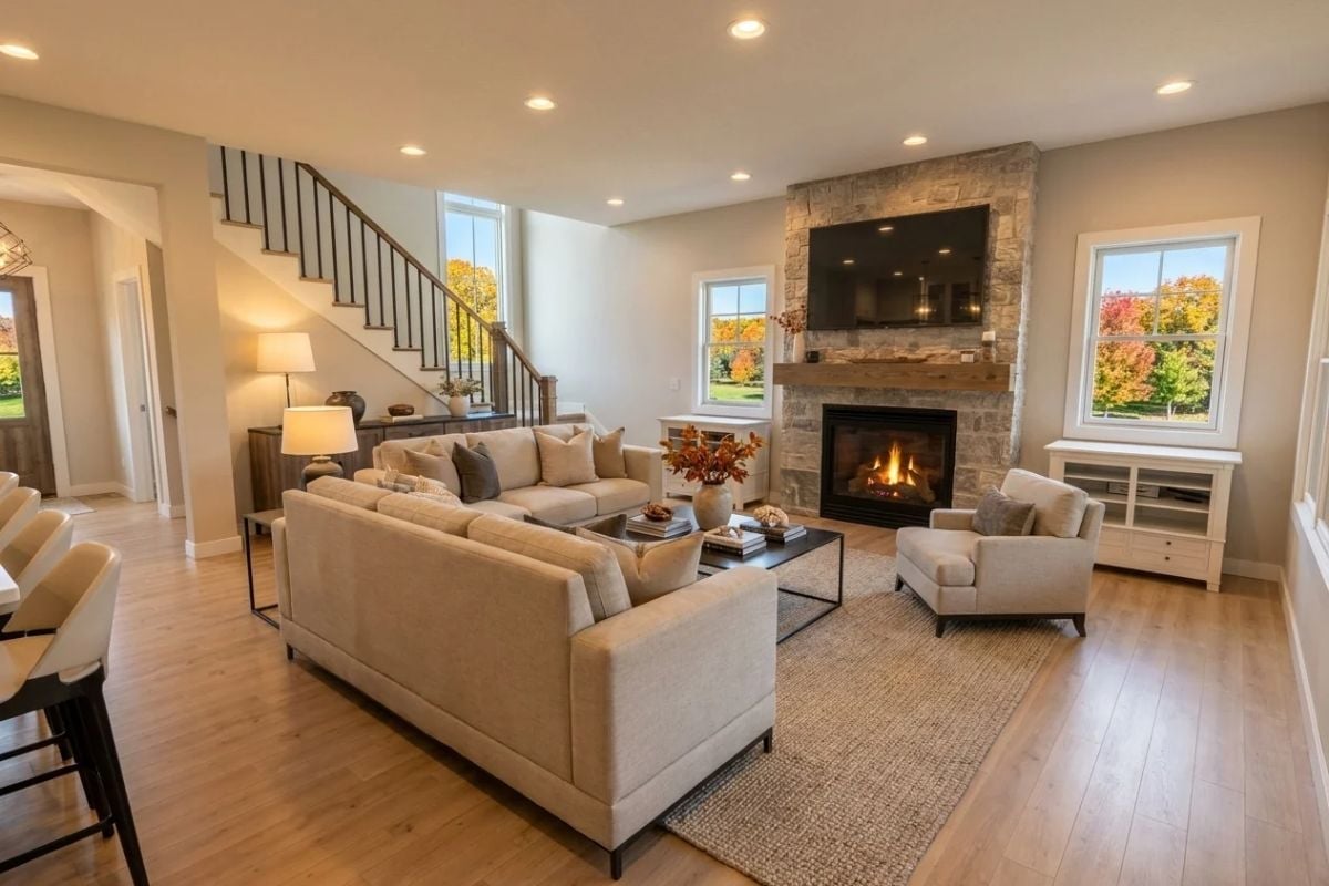 Stone Fireplace, Wood Mantel, and a Living Room That Earns Its Keep Year-Round
