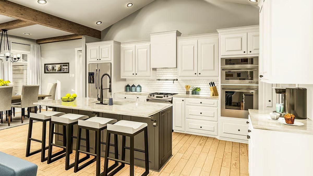 Marble Island, Dark Base, White Cabinets — A Kitchen That Knows What It's Doing