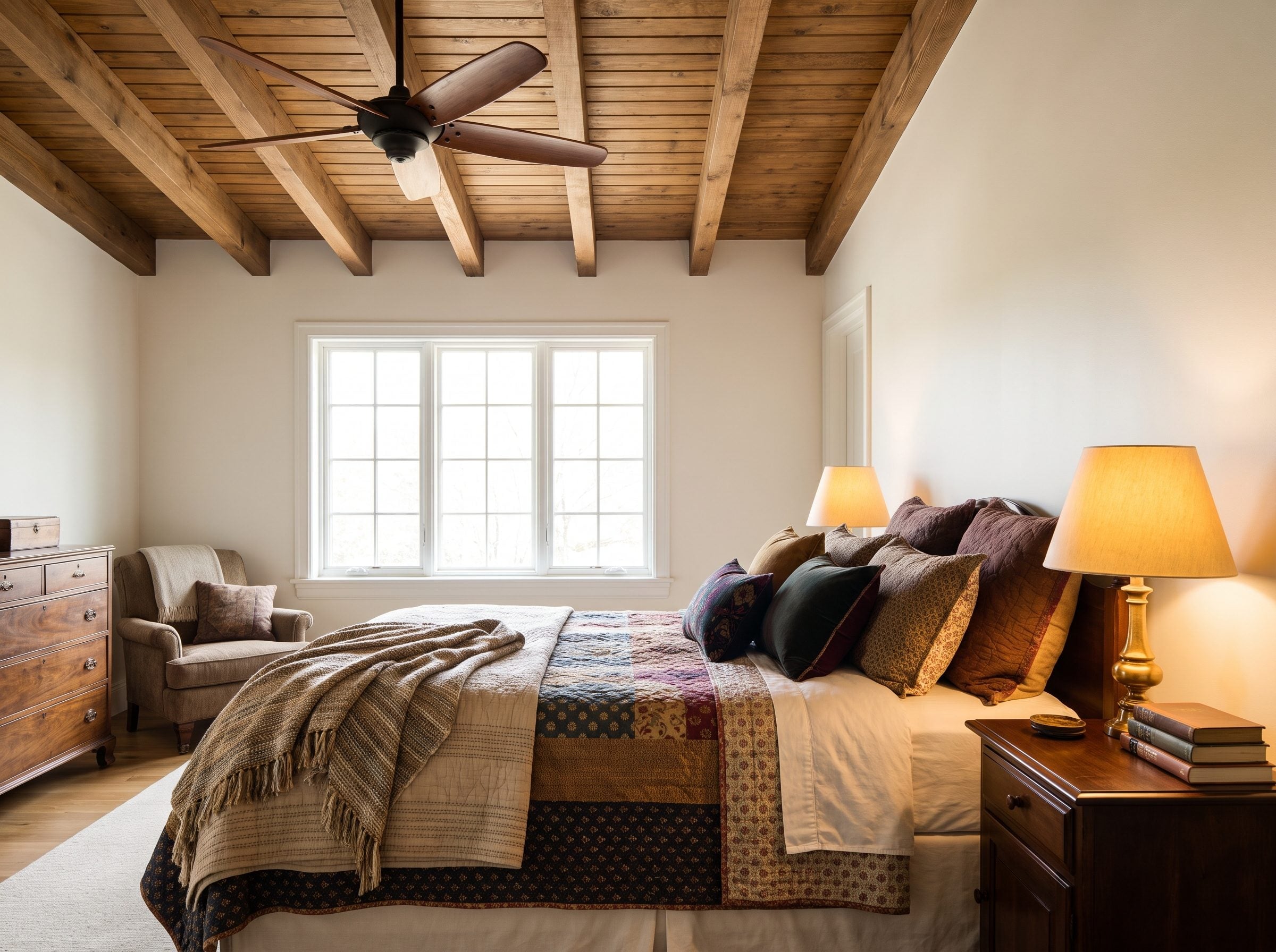 Traditional bedroom with a 52-inch walnut-blade ceiling fan centered above a walnut sleigh bed and oak nightstand.
