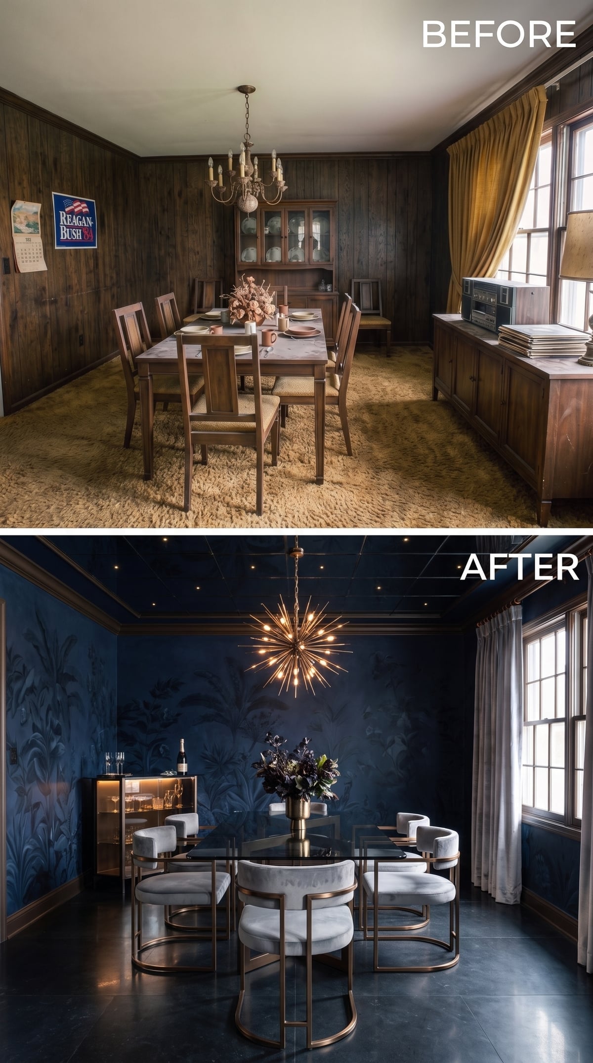 Dark Botanical Wallpaper Meets a Sputnik Chandelier