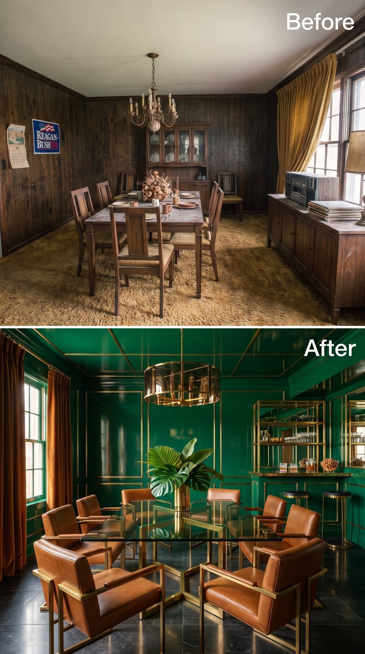 Emerald Lacquer and Cognac Leather Reimagine the Dining-Room Bar