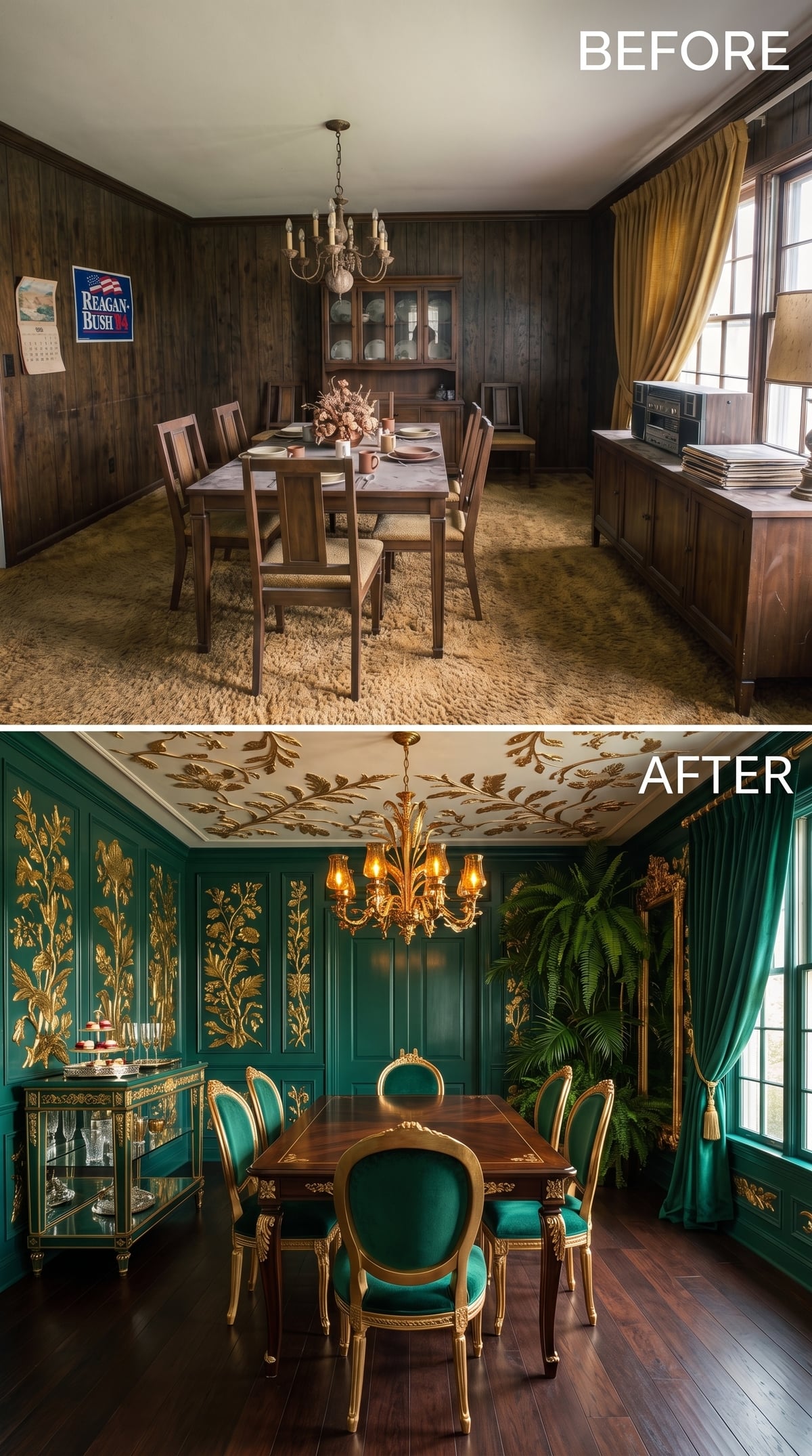 Gold on the Ceiling, Emerald on the Walls: The Old Dining Room Goes Full Château