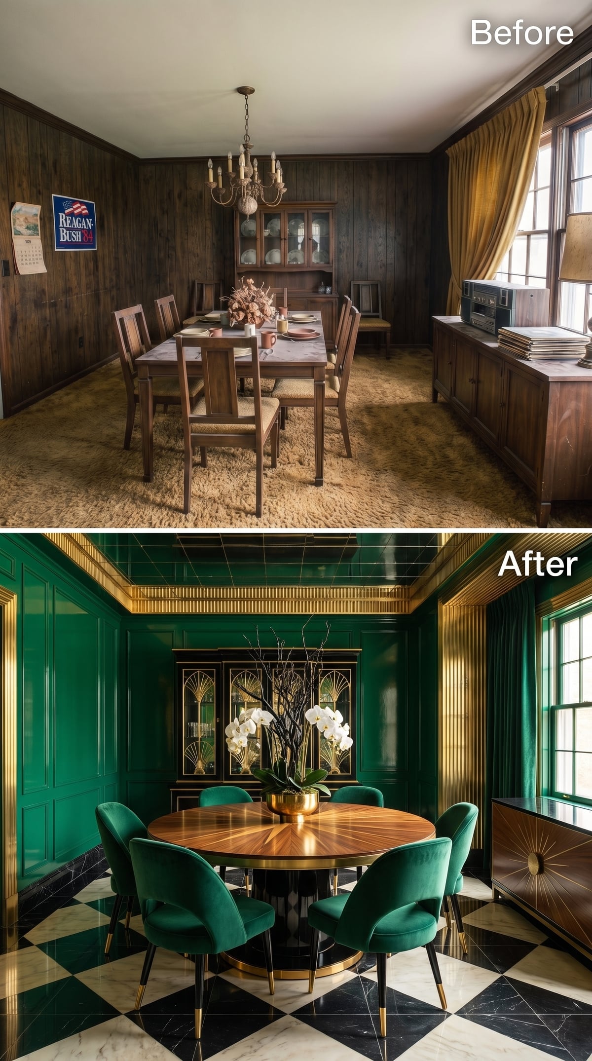 Emerald Walls, Checkerboard Marble, and a Sunburst Parquet Table