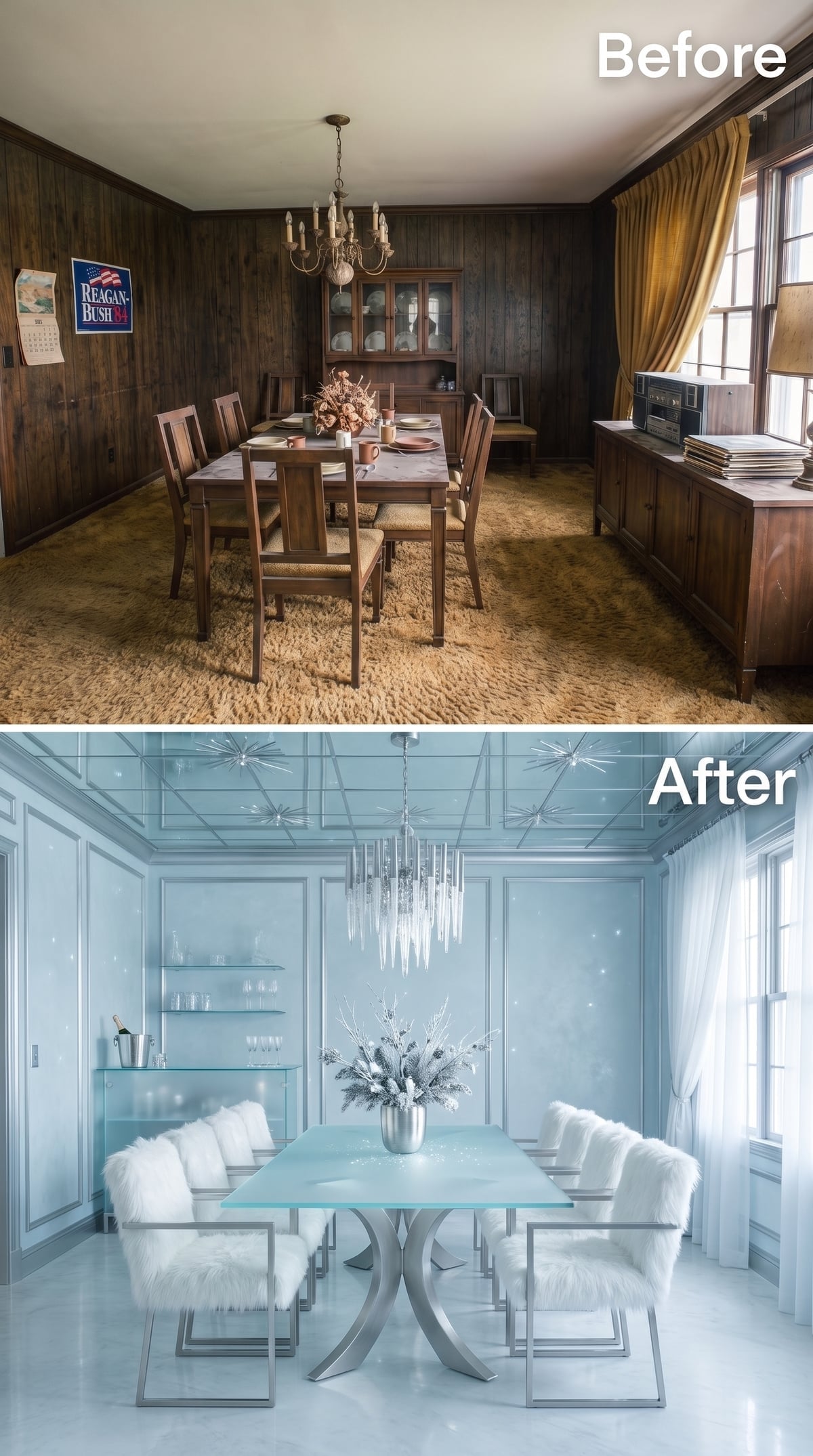 An Ice-Blue Dining Room Puts Mirrors Where the Ceiling Should Be