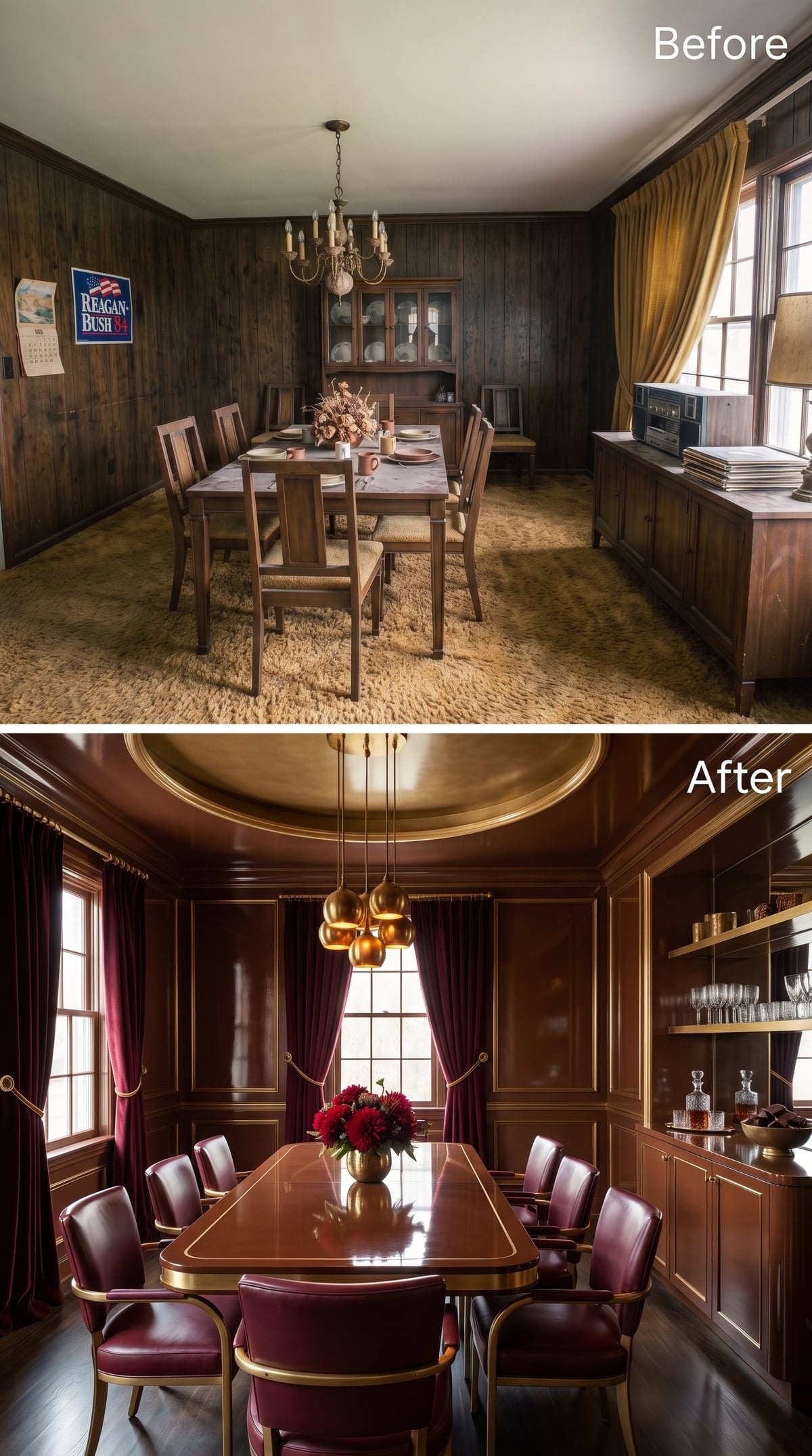 Dark Walnut Lacquer Turns the Ceiling Into Part of the Chandelier