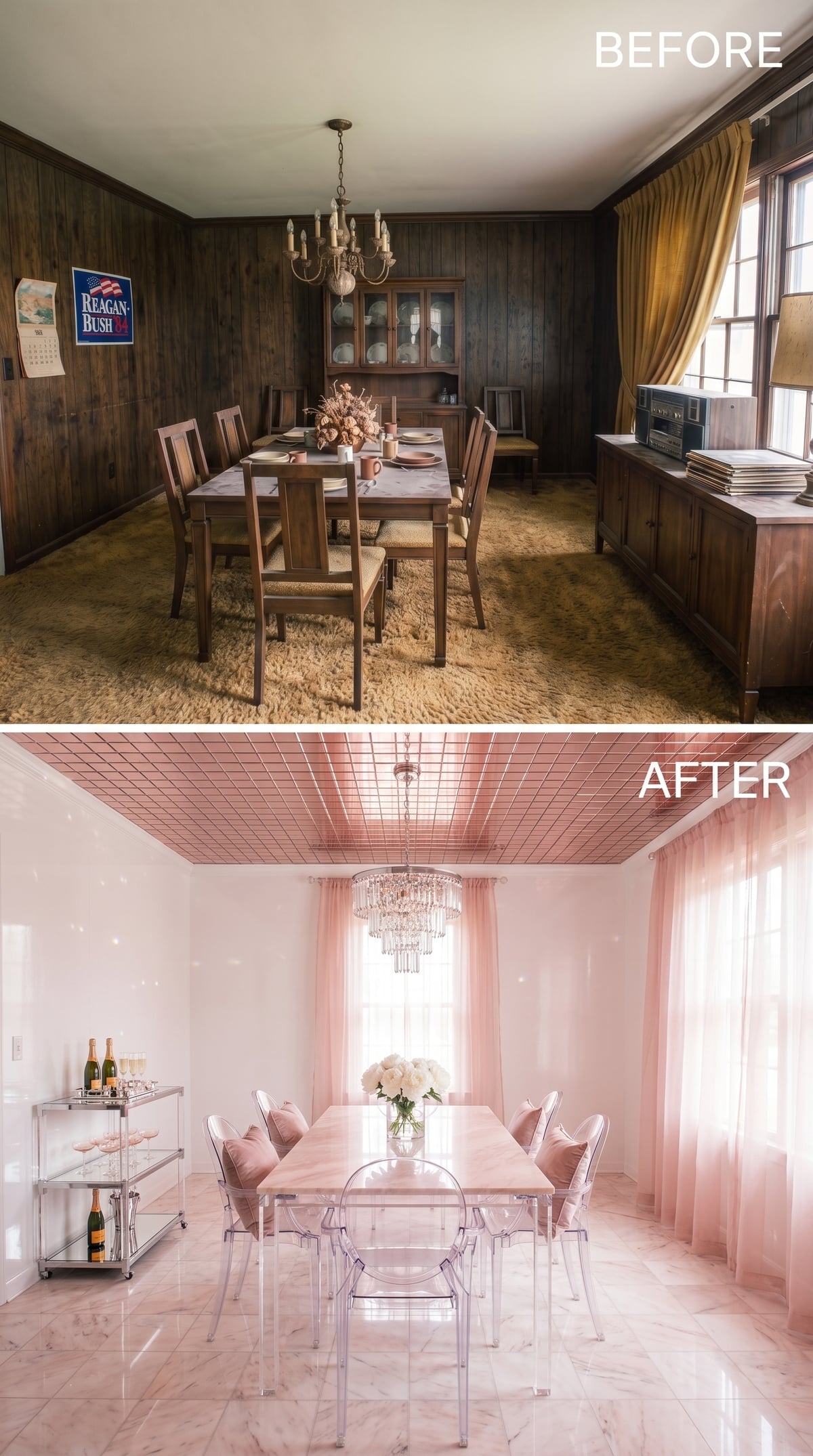 Pink Marble and Transparent Chairs Pull Off a Balancing Act