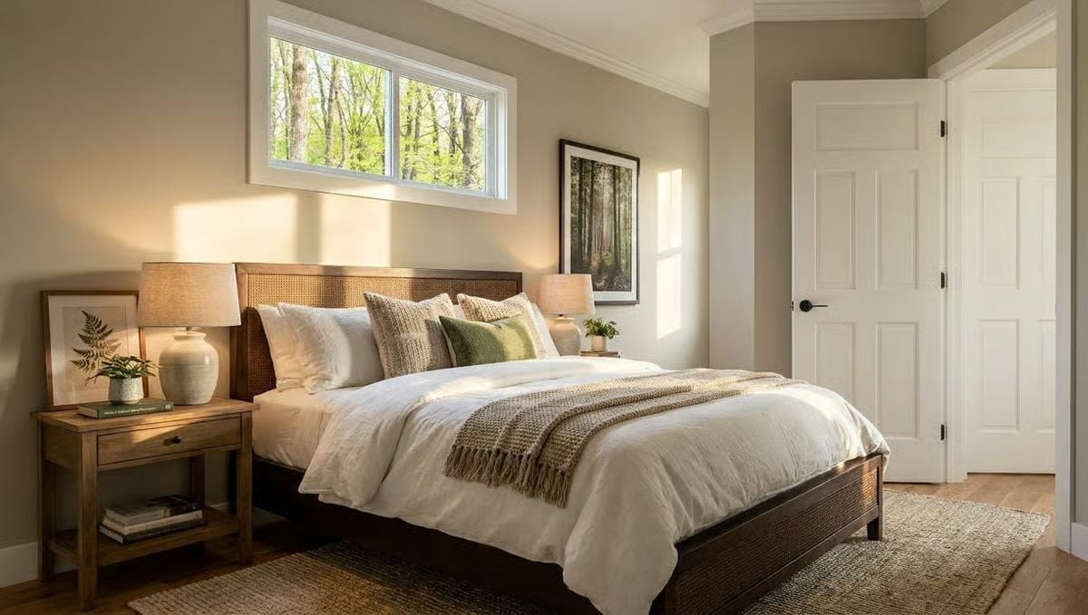 Cane Headboard, Forest Window, and Bedding That Earns Its Keep Year-Round