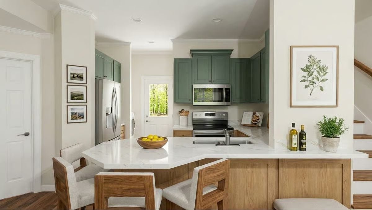 Green Cabinets, Warm Wood, and a Kitchen Island That Pulls Double Duty